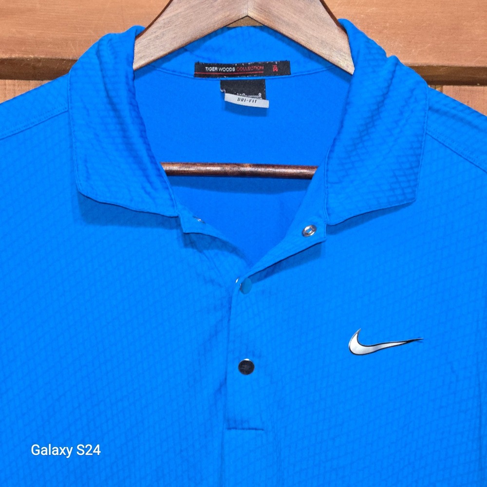 Nike Golf Tiger Woods Collection‎ Blue Dri-FIT Textured Polo Shirt Mens Large